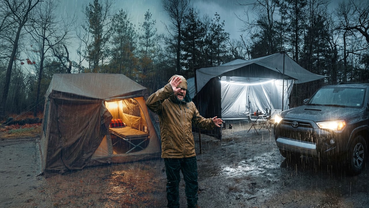 Storm Camping in a Massive Canopy Tent - Heavy Rain and Wind