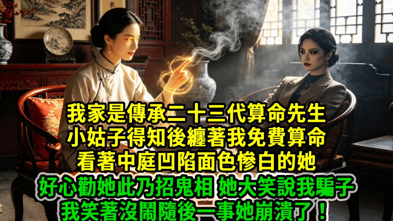 我家是傳承二十三代算命先生，小姑子得知後纏著我免費算命，看著中庭凹陷面色慘白的她，好心勸她此乃招鬼相，她大笑說這是化的妝果然是騙子，我笑著沒鬧隨後一事她崩潰了！