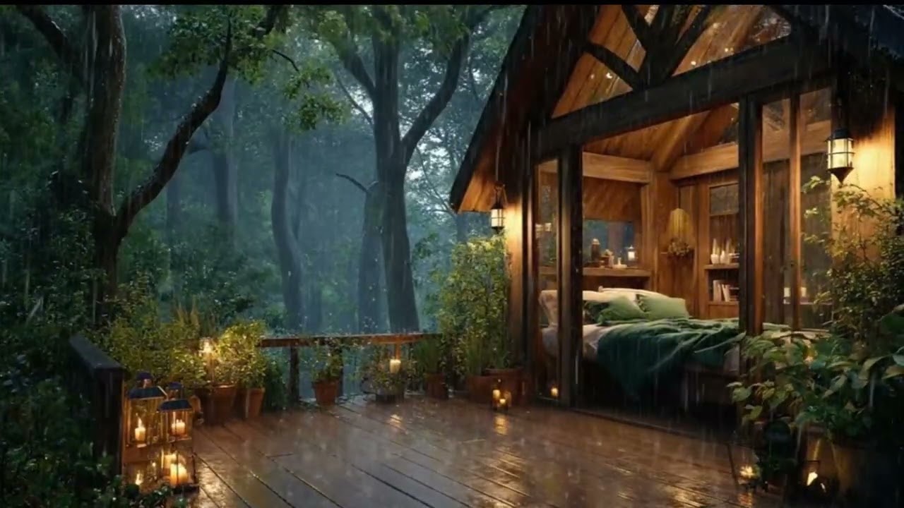 The sound of rain and thunder in the forest is q