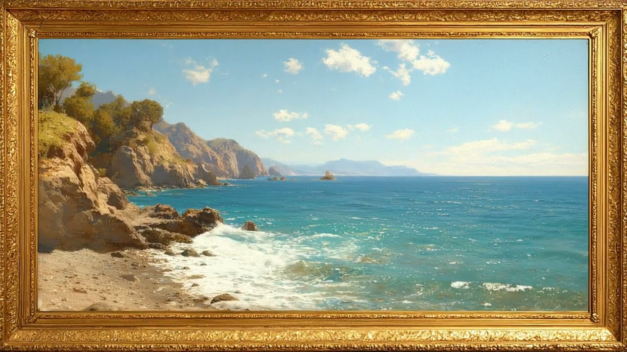 ✨ Ocean Calm: Gold Frame Coastal Painting Comes to Life | Relaxing Waves for Frame TV Ambience 🌊