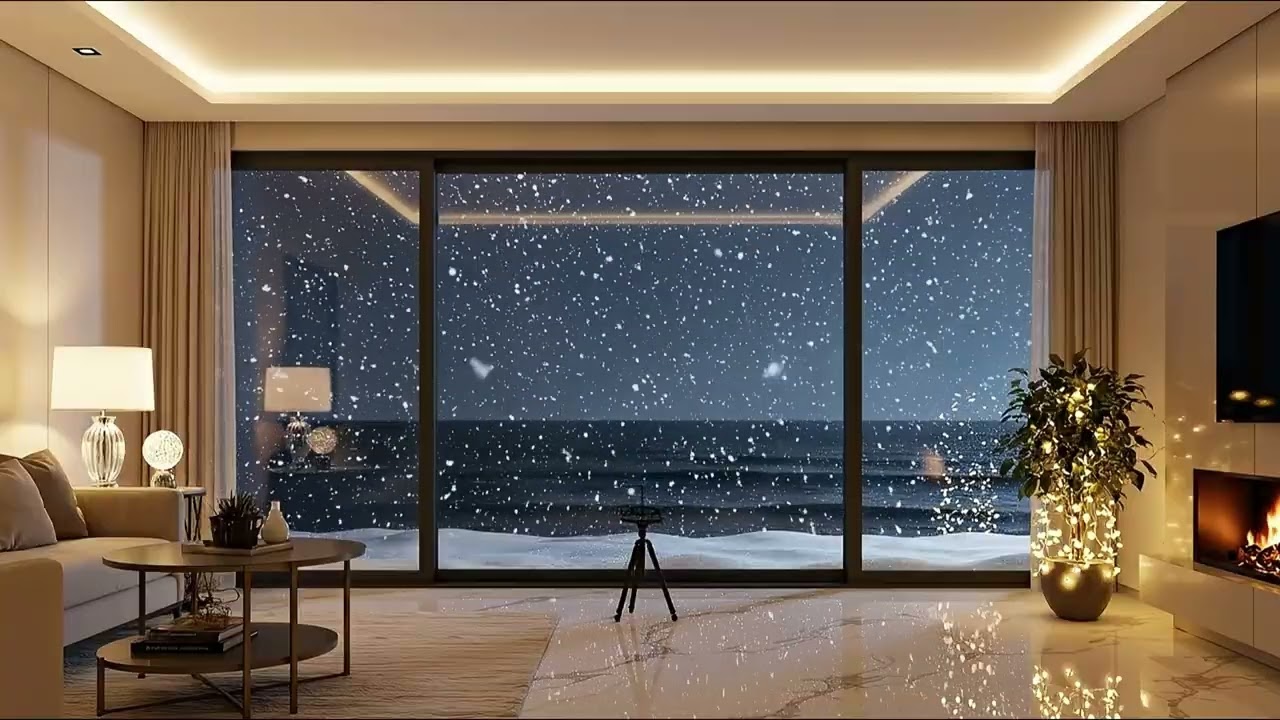 Snow Falling Beyond the Glass | Cozy Winter Night by the Ocean for Deep Sleep ❄️🌙