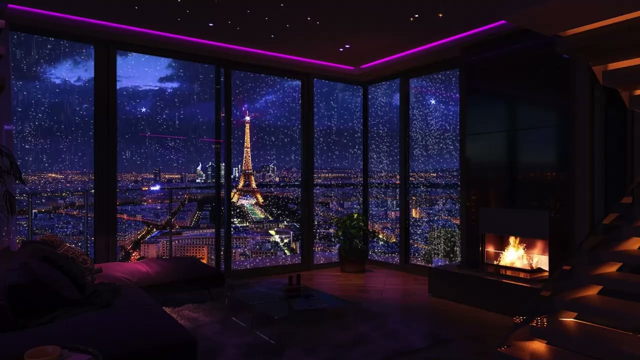 Midnight City Rain Ambience by the Window | Crackling Fireplace Sounds for Deep Sleep Therapy