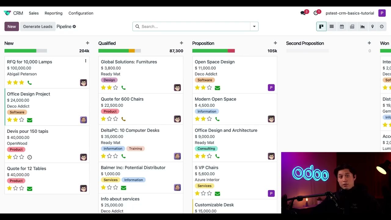Основы CRM, часть 2: Запланированные мероприятия и возможности переезда. Odoo CRM.