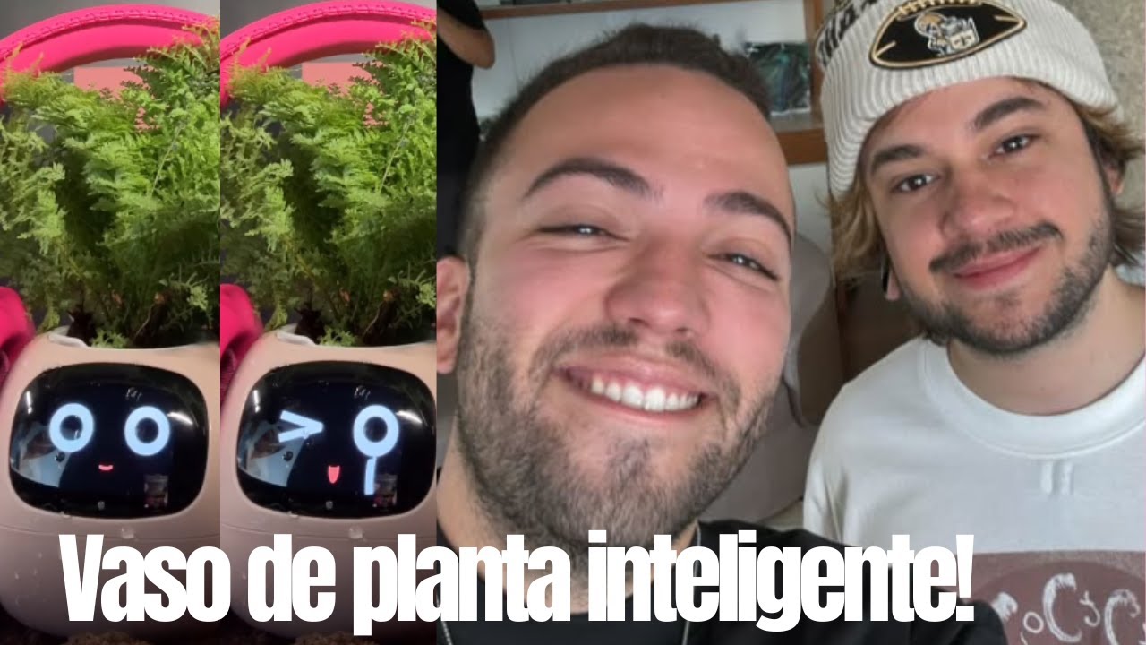 Lucas Rangel e Brino testando vaso de planta inteligente.