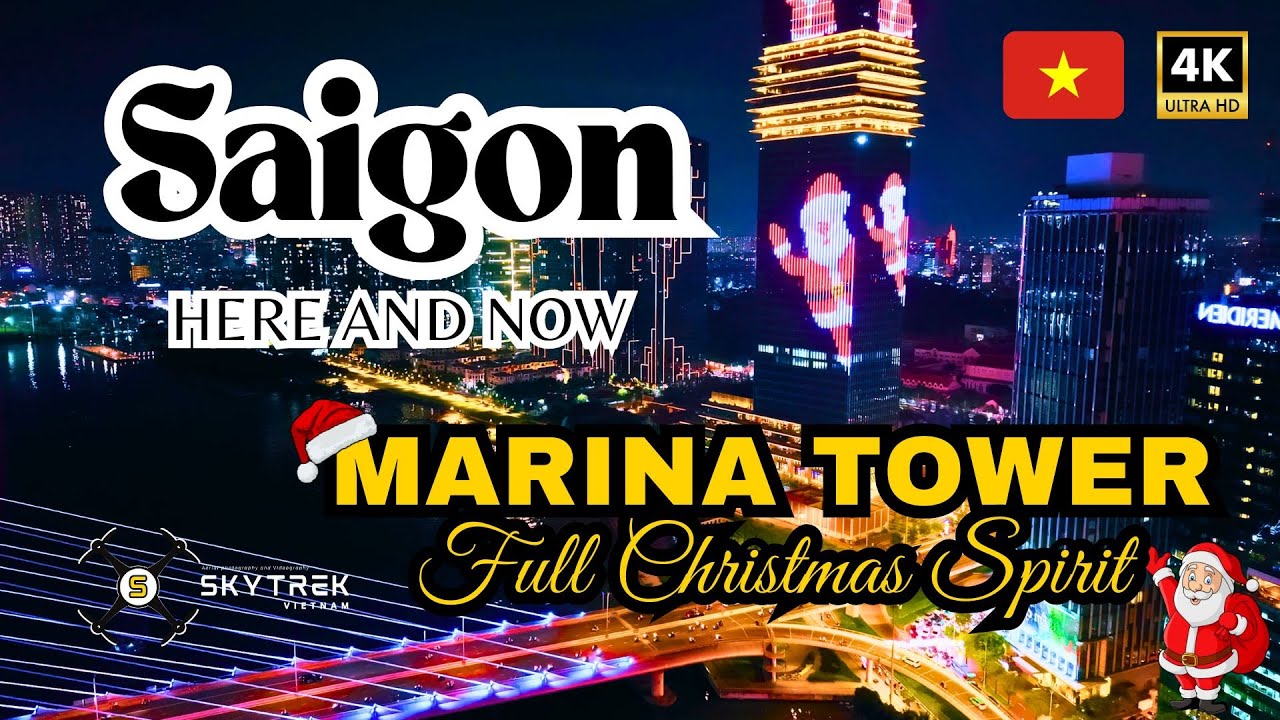 🎄 Full Christmas Spirit at Marina Tower Saigon | Unique LED Lights | Saigon 4K Drone Footage 🇻🇳