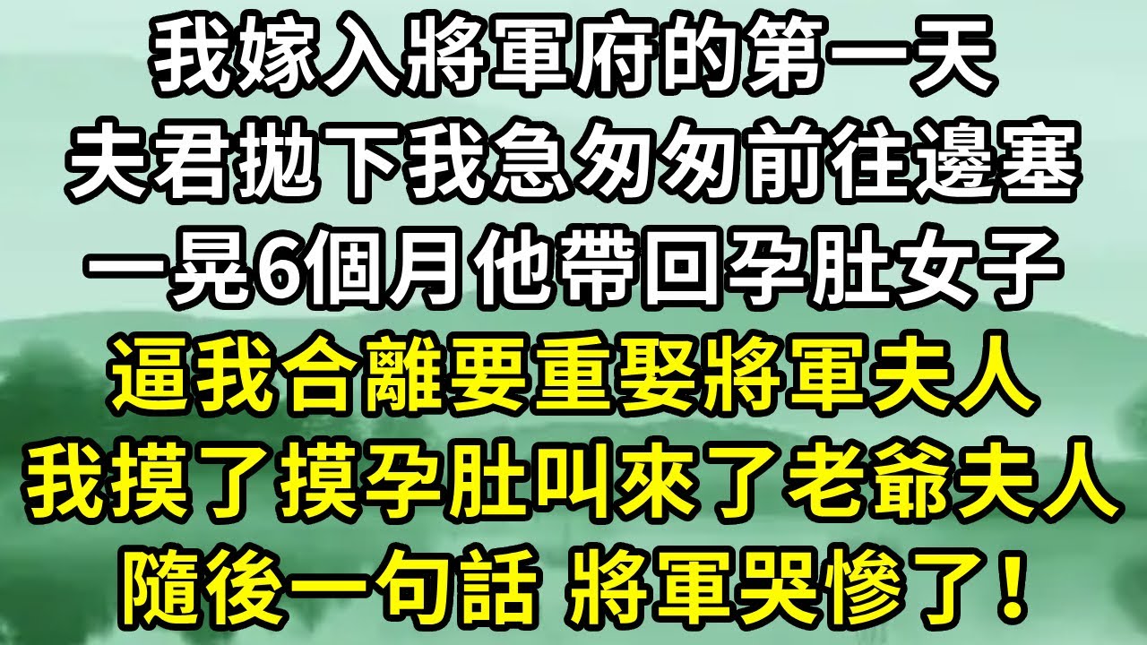 我嫁入將軍府的第一天 ，夫君拋下我隔天就前往邊塞 ，一晃6個月，他帶回了已有5月身孕的女子 ，逼着我合離要重娶將軍夫人 。我摸了摸肚子，叫來了老爺夫人 ，隨後一句話，將軍哭慘了！