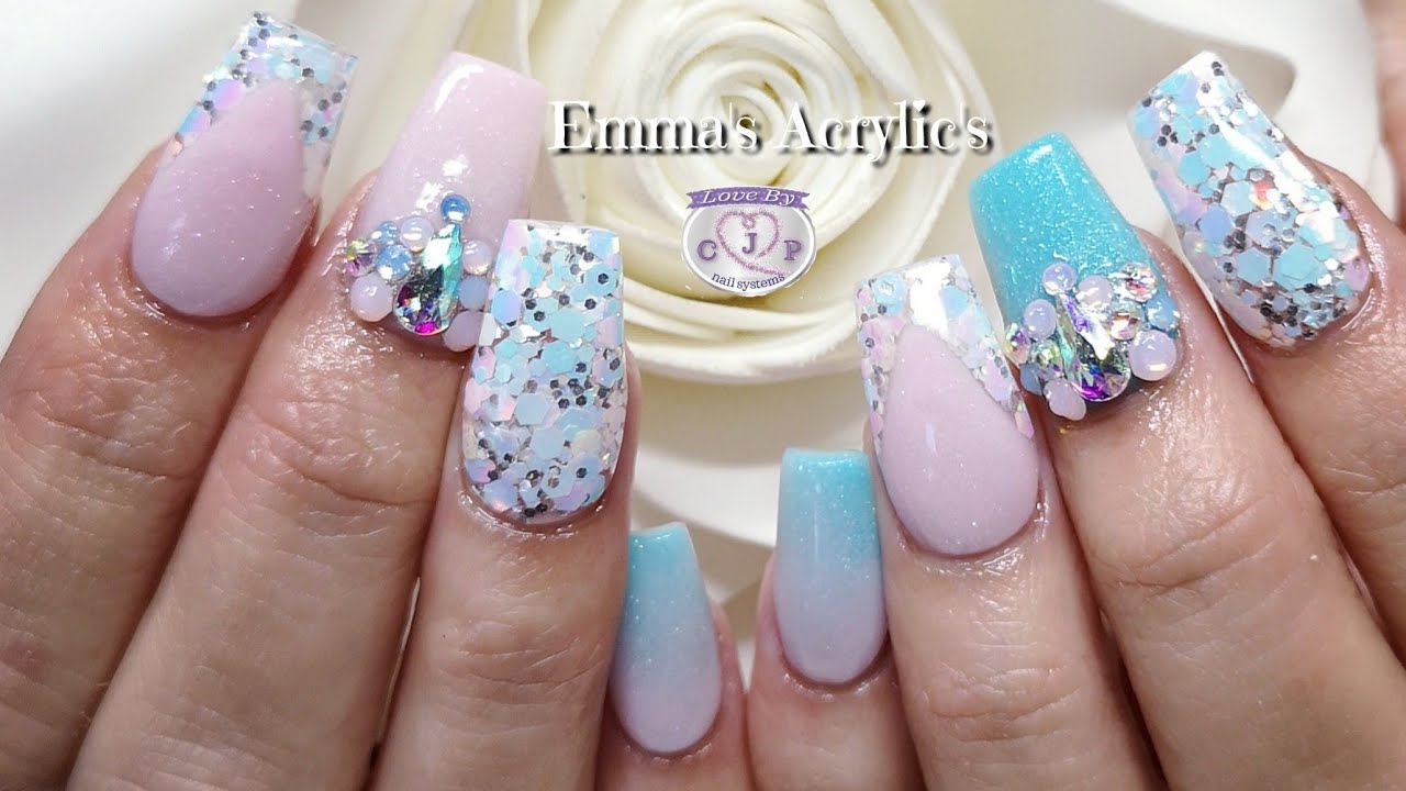 ACRYLIC NAILS, BLUE & PINK DESIGN SET ❤️