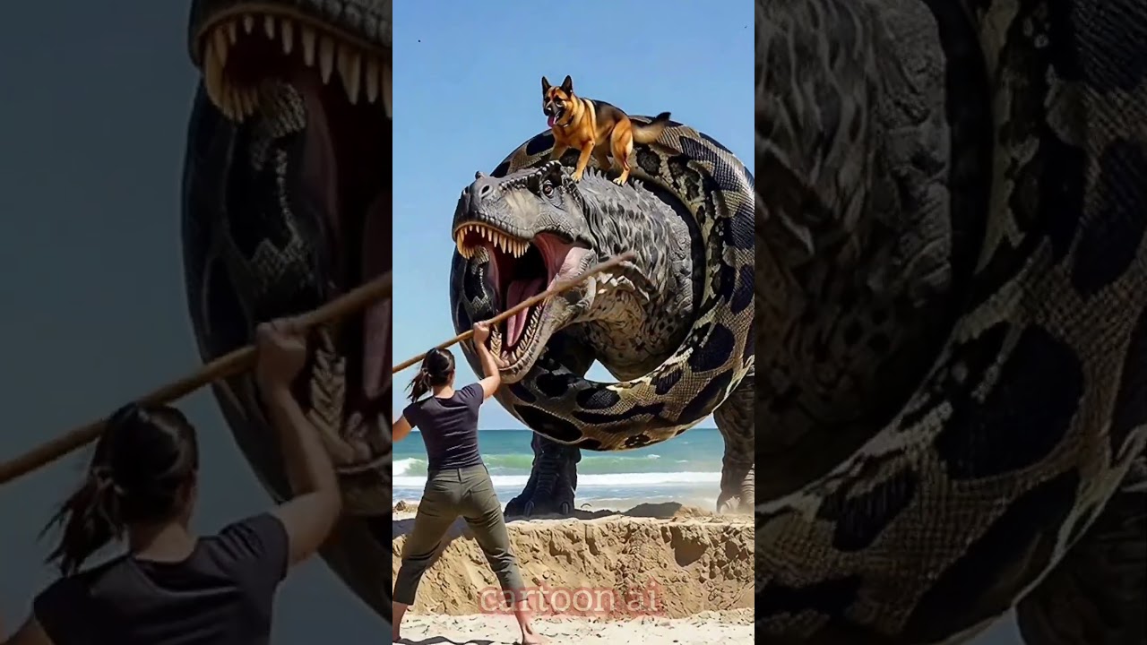 Giant Python vs Dinosaur at the Seashore | Dog and Woman Face a Fantasy Creature