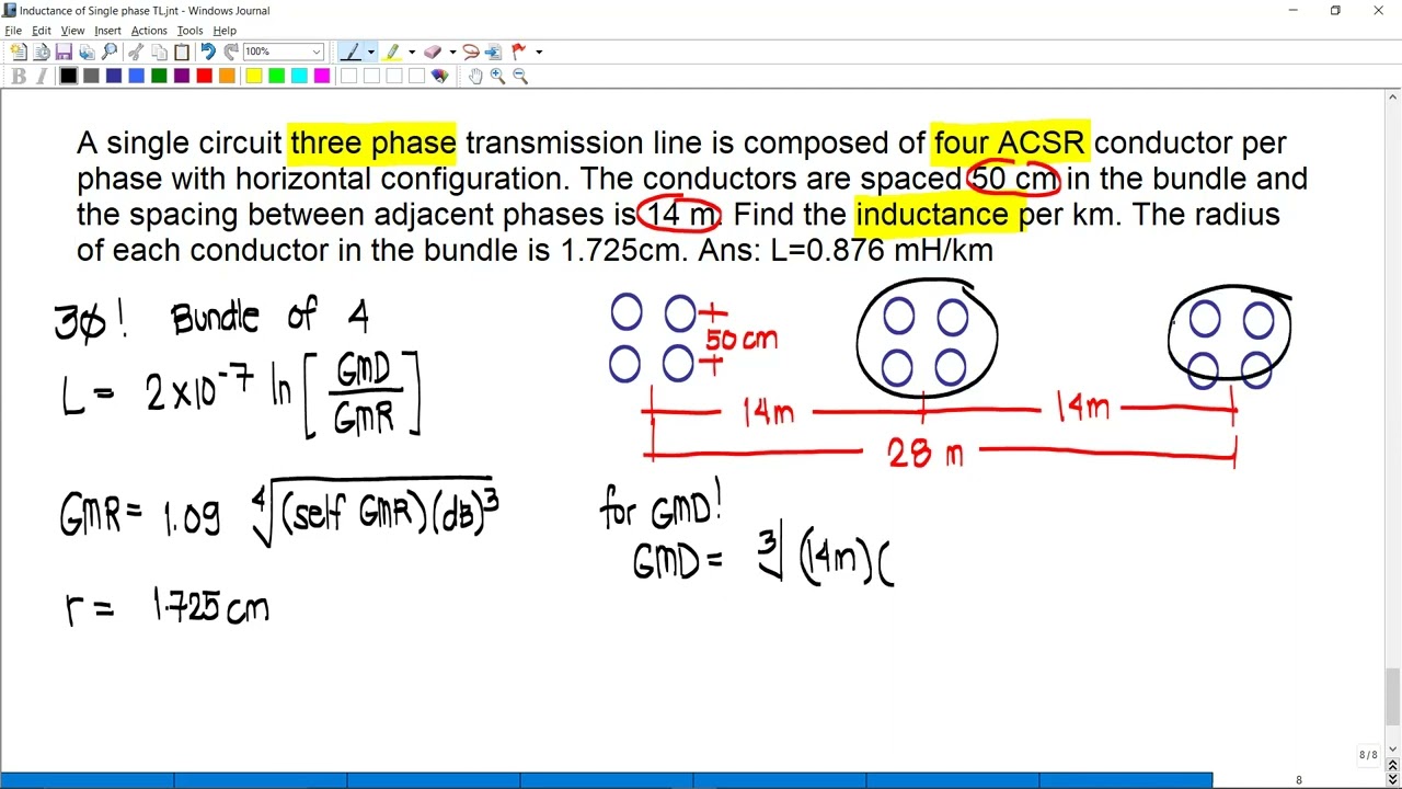 Power Systems: Inductance of Three-Phase Transmission Line (with 4-bundled conductors/phase) TAGALOG