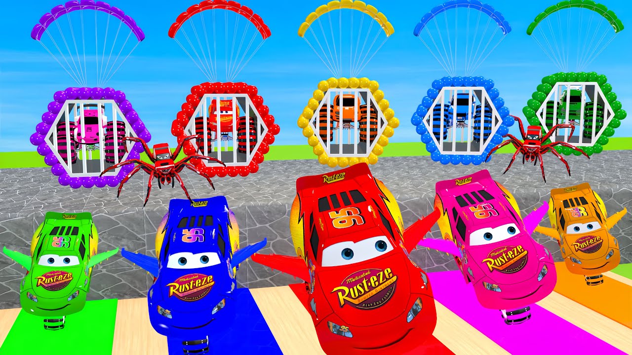 Long Slide Game With McQueen.. POLICE CARS 3D Challenge escape from the giant spiders be successful?