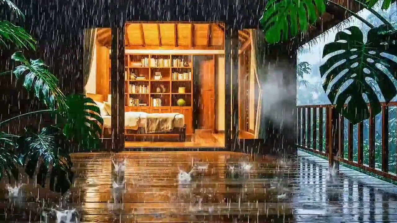 Heavy Rain at a Cozy Jungle Cabin 🌧️ Warm Light, Deep Relaxation & Sleep Ambience