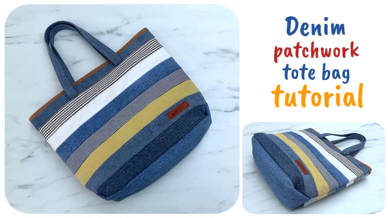 Easy to make denim patchwork tote bag tutorial from scrap old jeans, patchwork tote bag tutorial