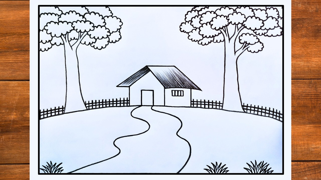খুব সহজে প্রাকৃতিক দৃশ্য আঁকা শেখা | Easy nature scenery drawing with pencil | Village scenery art