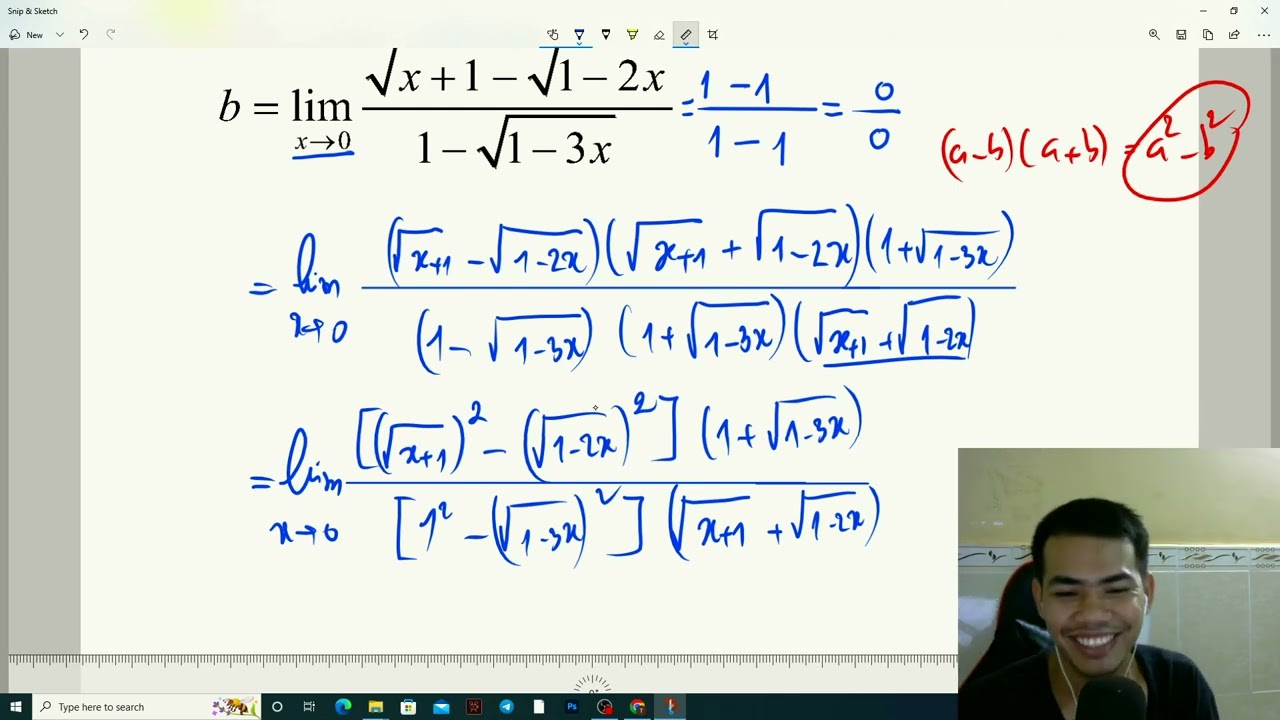 គណនាលីមីតនៃ b=limit x to 0 of (sqerx+1 -sqrt1-2x)/(1-sqrt1-3x)