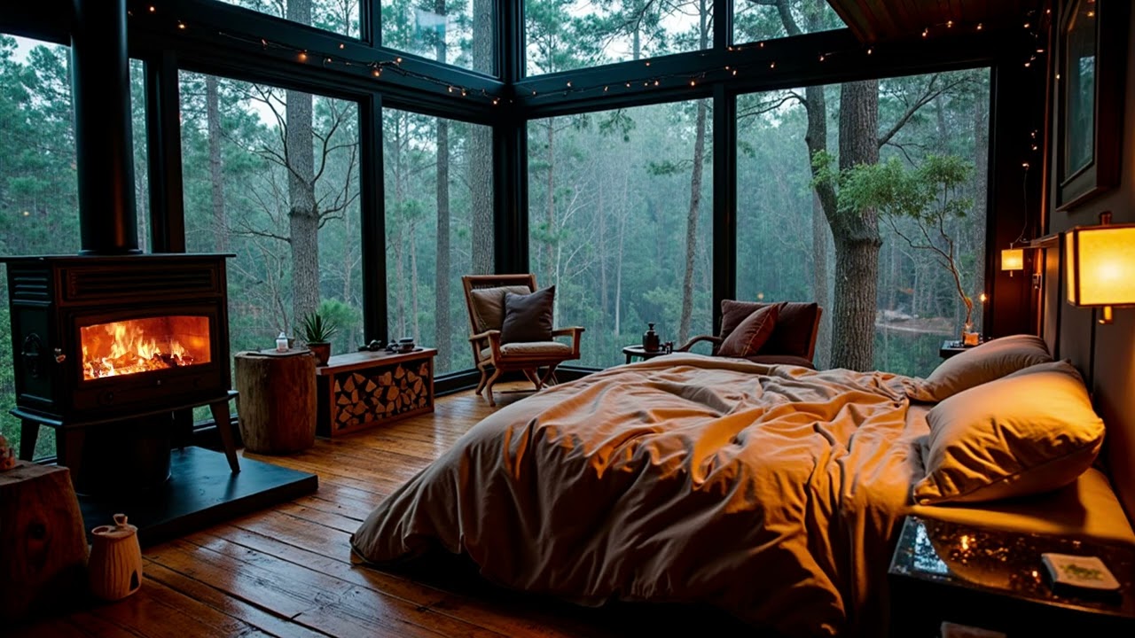 Rain Sounds in a Secluded Forest Glass Retreat | Modern Fireplace Bedroom Night Calm