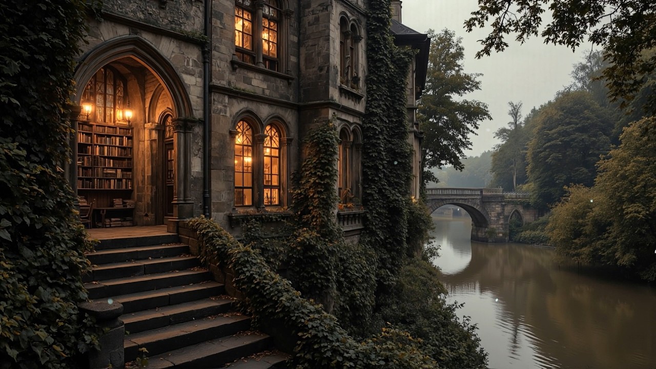 Riverside Gothic Library | Dark Academia Study Ambience with Calm Evening Atmosphere