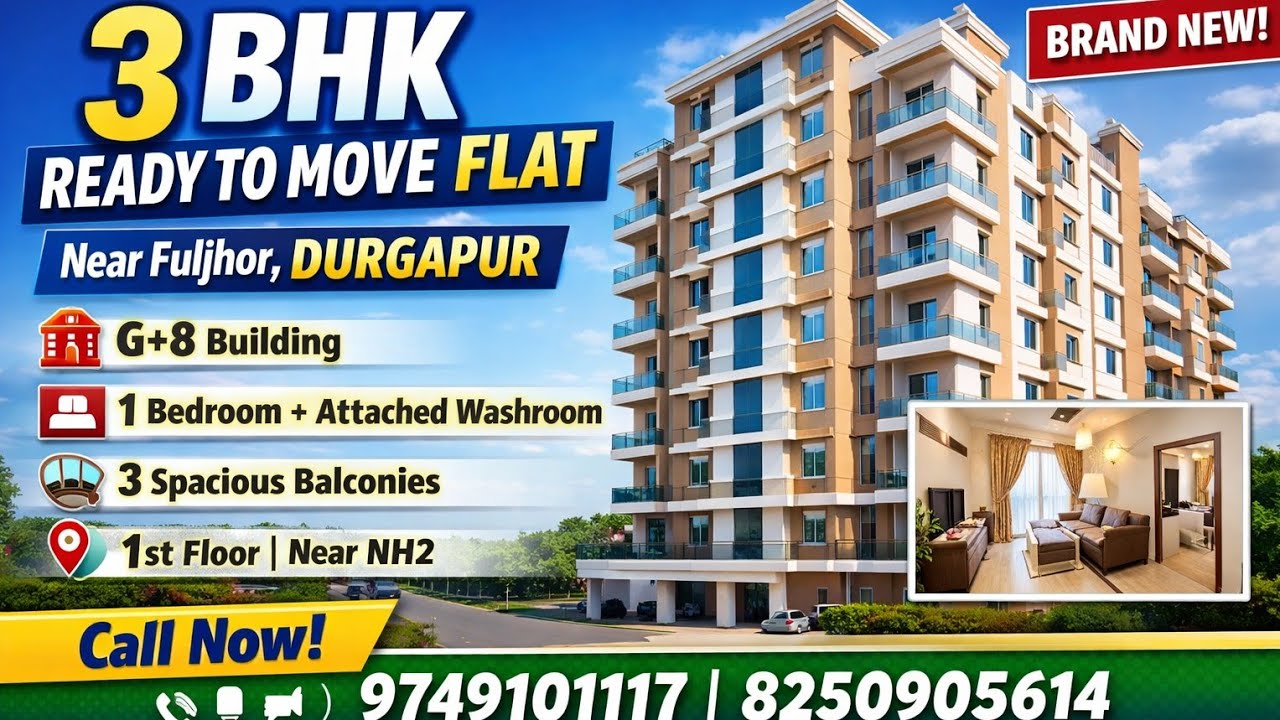 🏠 3 BHK Flat Ready to Move Near Fuljhor, Durgapur | Brand New G+8 Building | 1st Floor Flat for Sale
