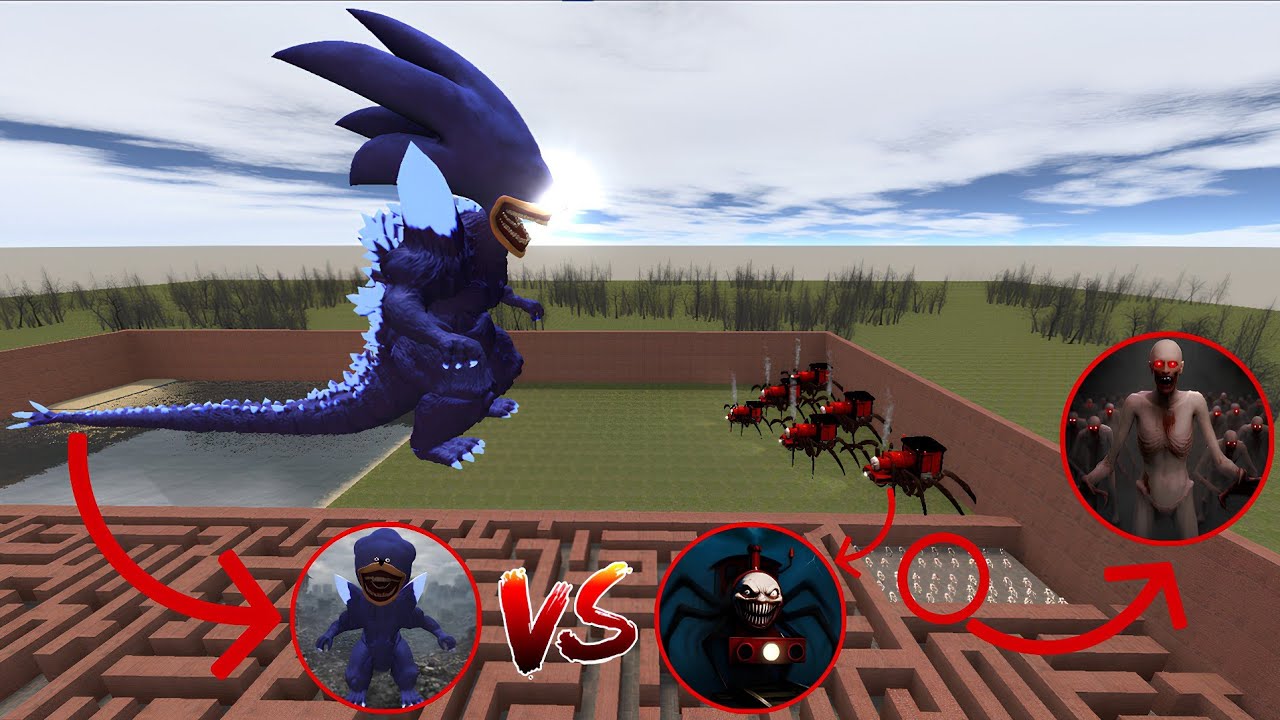 Garry's Mod: Godzilla Sonic Tapes VS Choo Choo Charles VS Scp 096 In Maze!