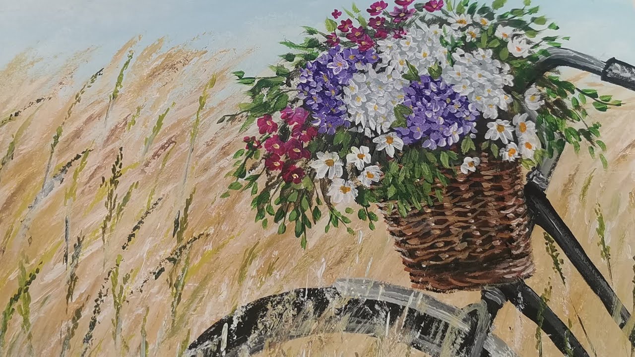 Bicycle With Flower-Basket  Acrylic Painting ||Step-by-Step Tutorial For Beginners