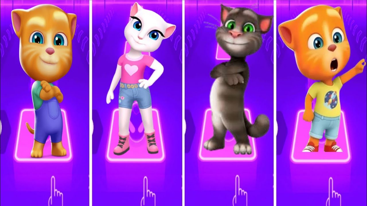 Talking Tom and friends Tom vs Angela vs Ben vs Hunk in Tiles Hop Coffen banec