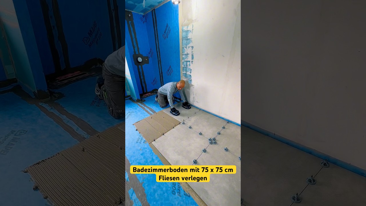 Badezimmerboden mit 75 x 75 cm Fliesen verlegen. #fliesen #tiles #fliesenleger #bad #badezimmer