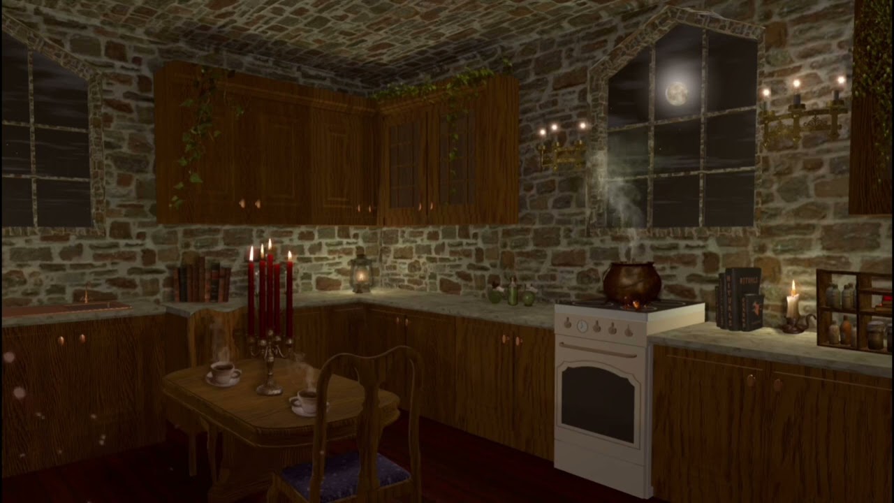 Cozy fairy cottage kitchen ambience | boiling soup, crackling fire in vintage kitchen
