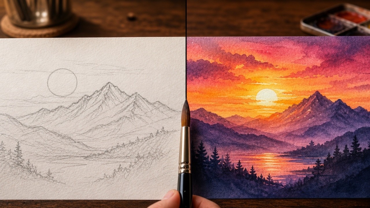 Coucher de soleil pour débutant à l'aquarelle - Tutoriel FACILE