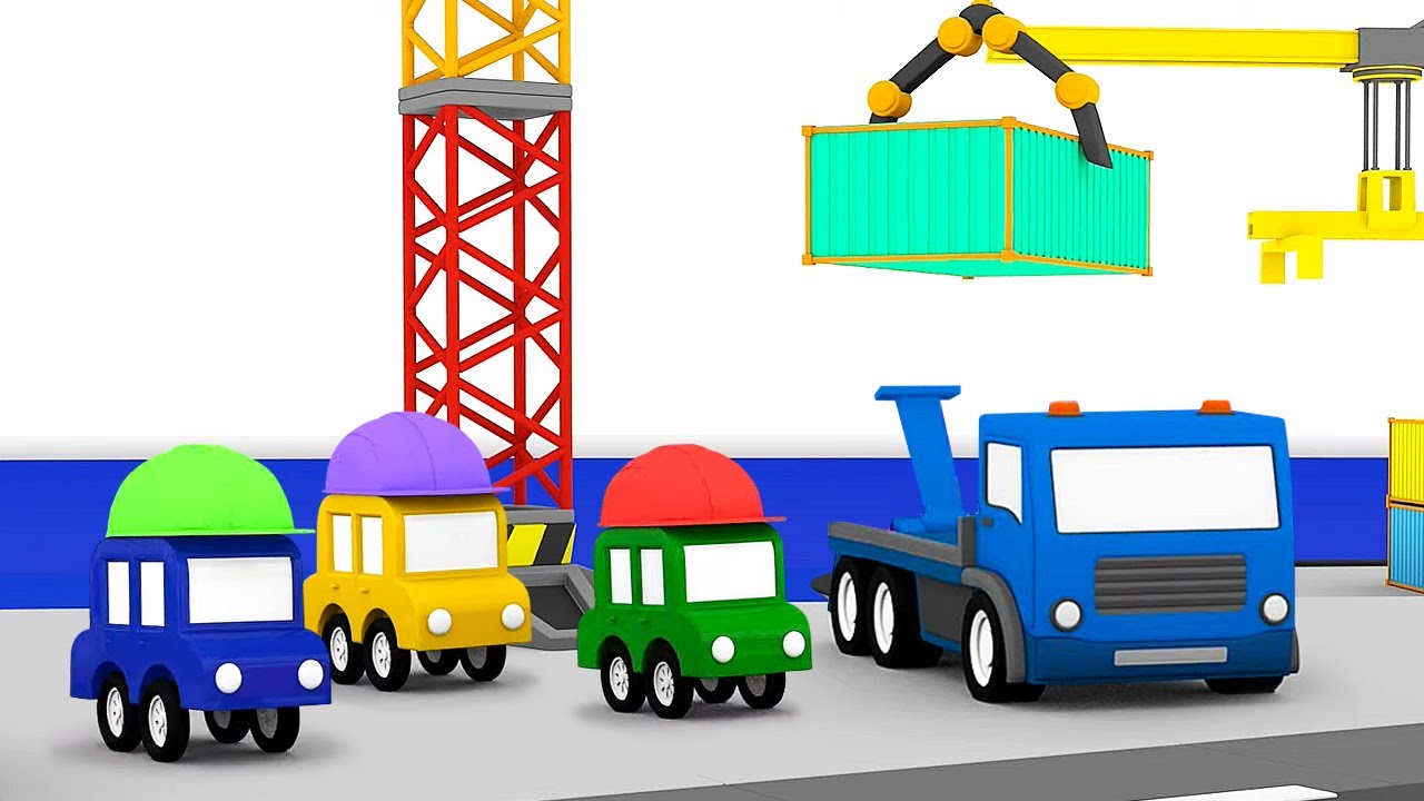 Os quatro carros coloridos trabalham no porto! Desenho animado infantil. Desenhos animados