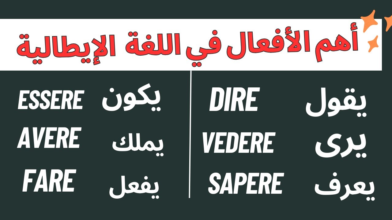 أهم الأفعال في اللغة الإيطالية مع الترجمة باللغة العربية/اللغة الإيطالية a1