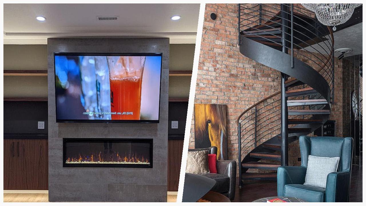 75 Living Space With Brown Walls And A Hanging Fireplace Design Ideas You'll Love 🔴