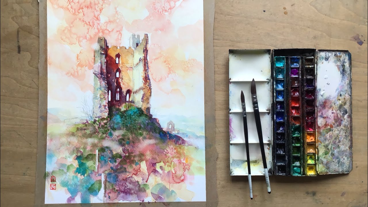 Free watercolour realtime demonstration tutorial ruined castle