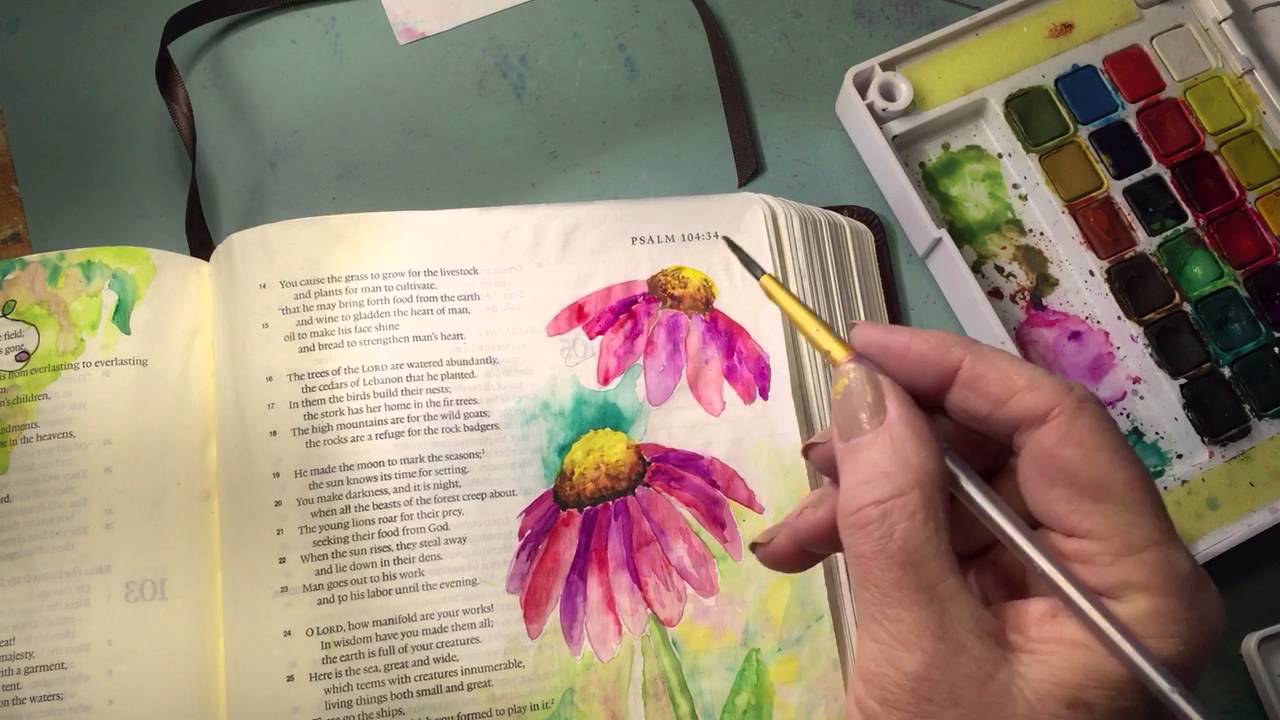 Bible Journaling - Watercolor Cone Flowers - Psalm 103:15-16 and Psalm 104:33-34
