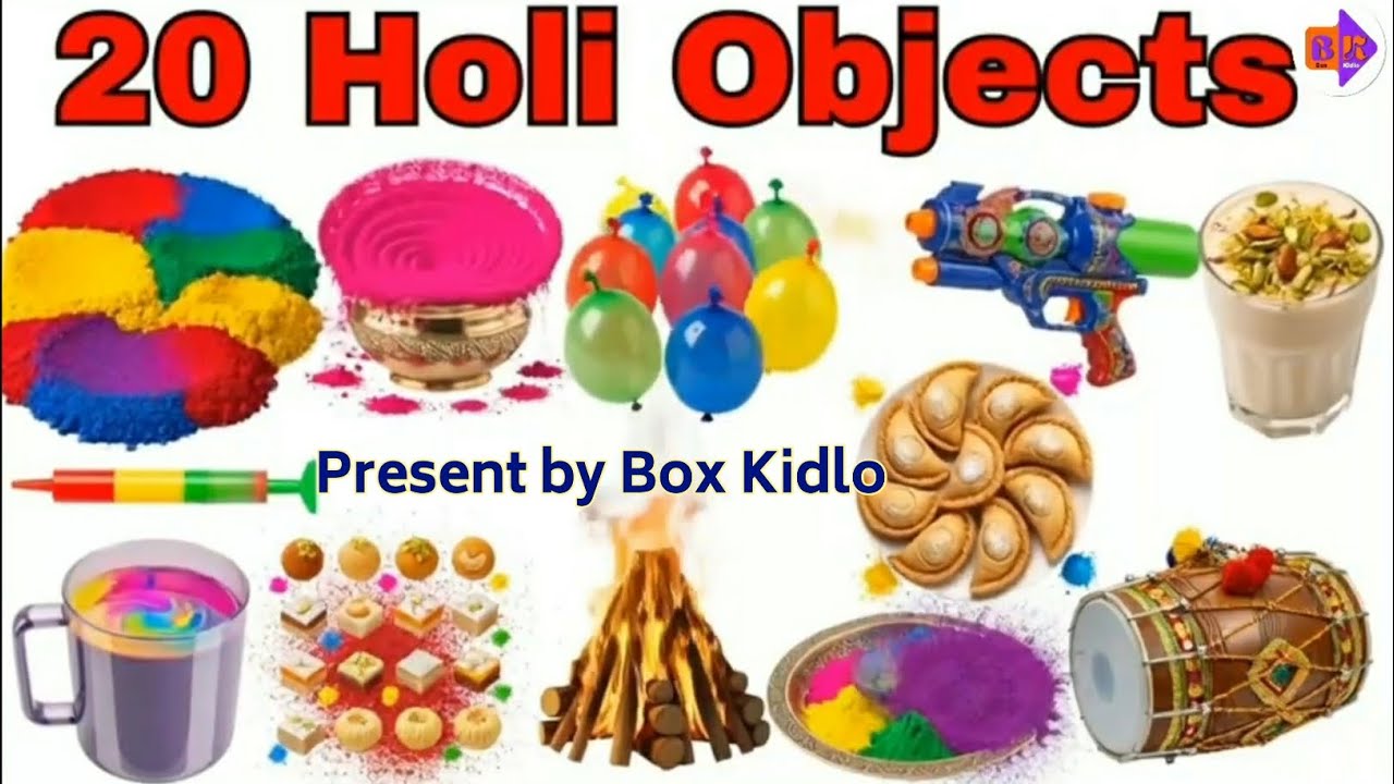 20 Holi Objects Name for Kids| Learn Holi Festival Items in English & Hindi | Box Kidlo