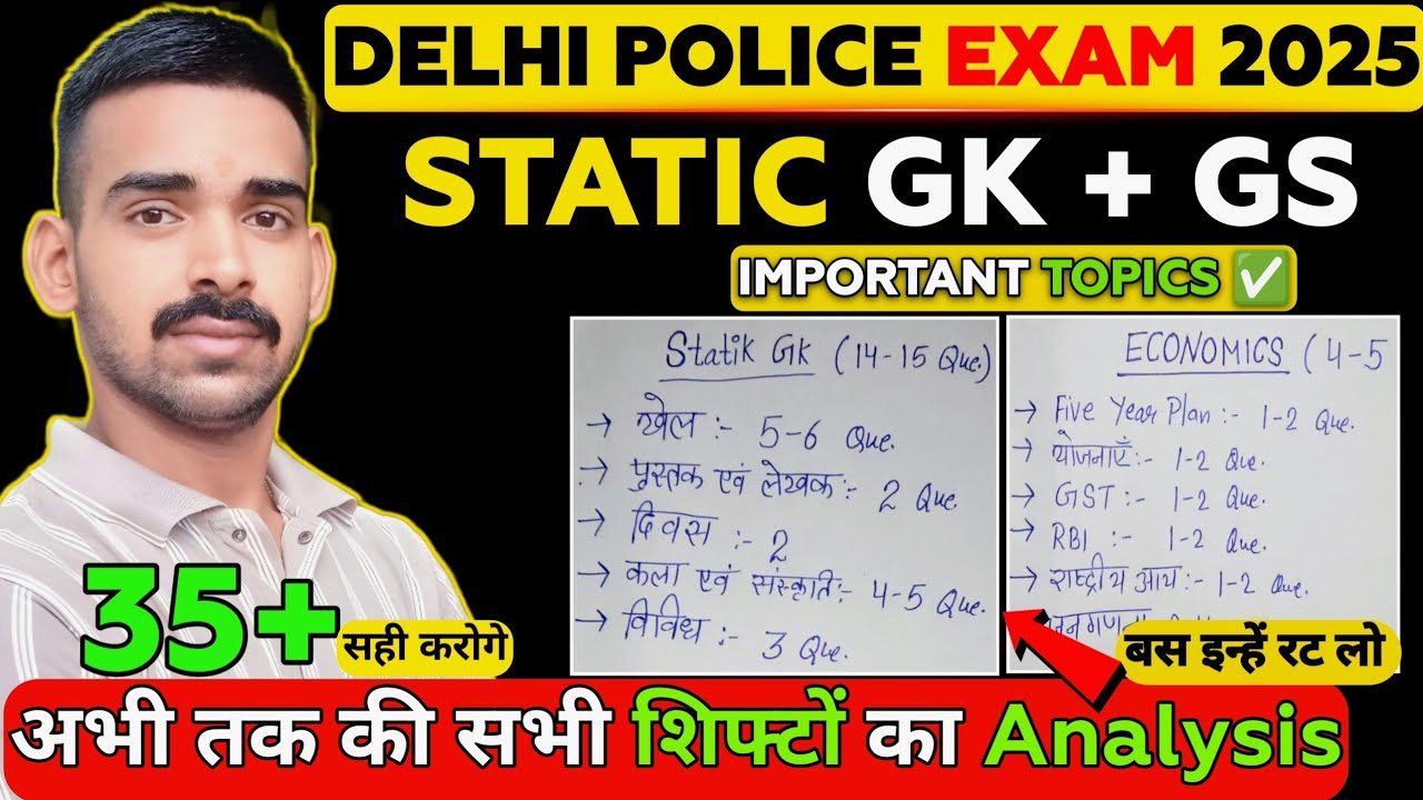 Static GK, Economics, Polity, Current affairs, Sports ✅ | Most Important Topics | Delhi Police Exam 