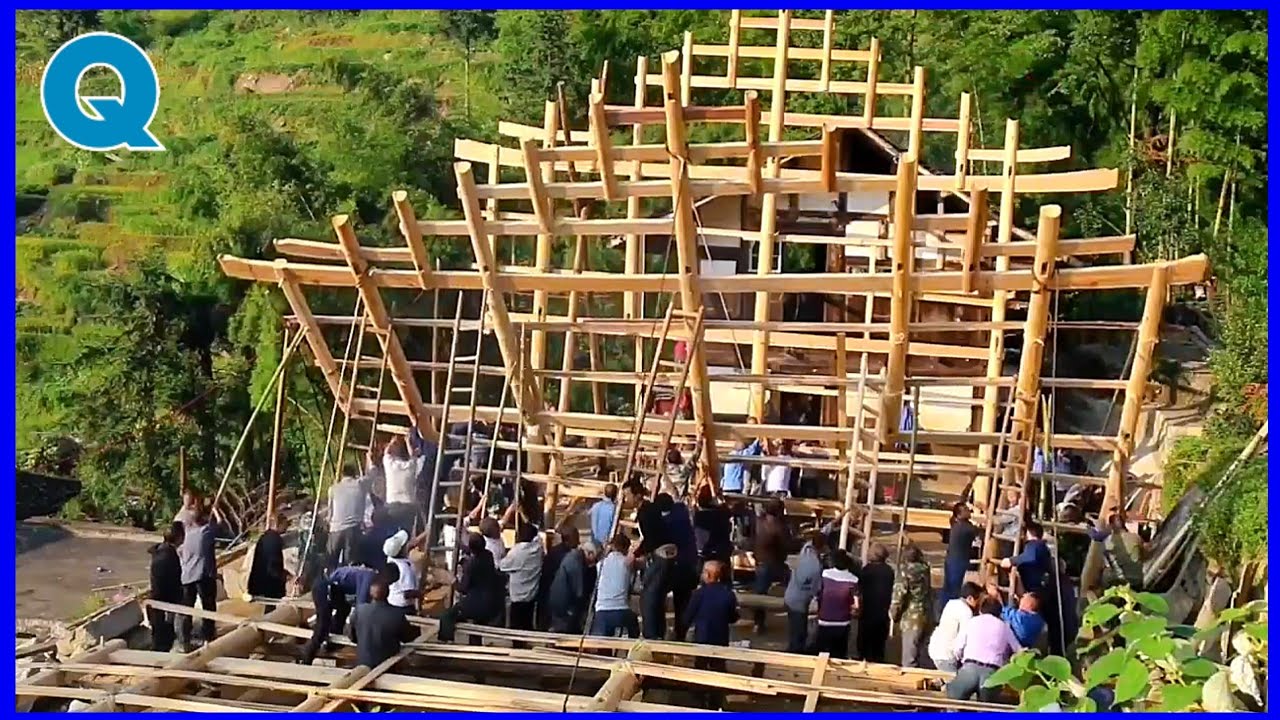 large wooden house frame construction in rural china