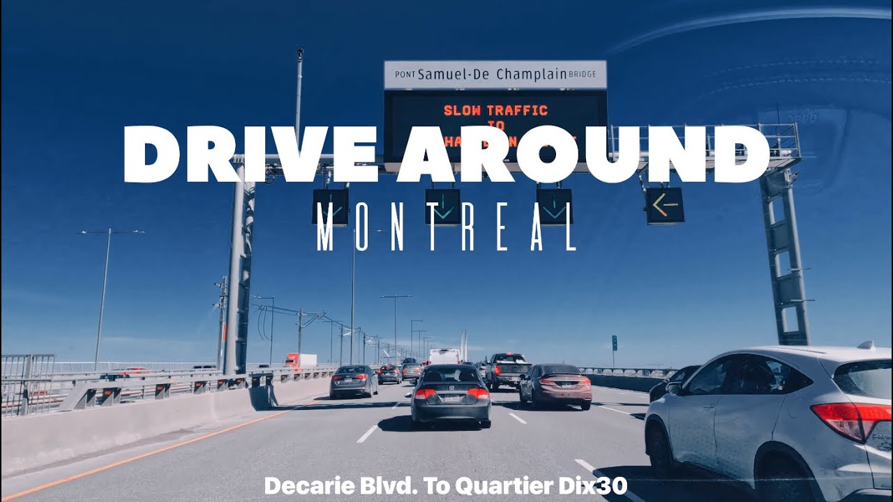 Sunny weekend drive in Montreal. Decarie  blvd. To Quartier Dix30. [4K]