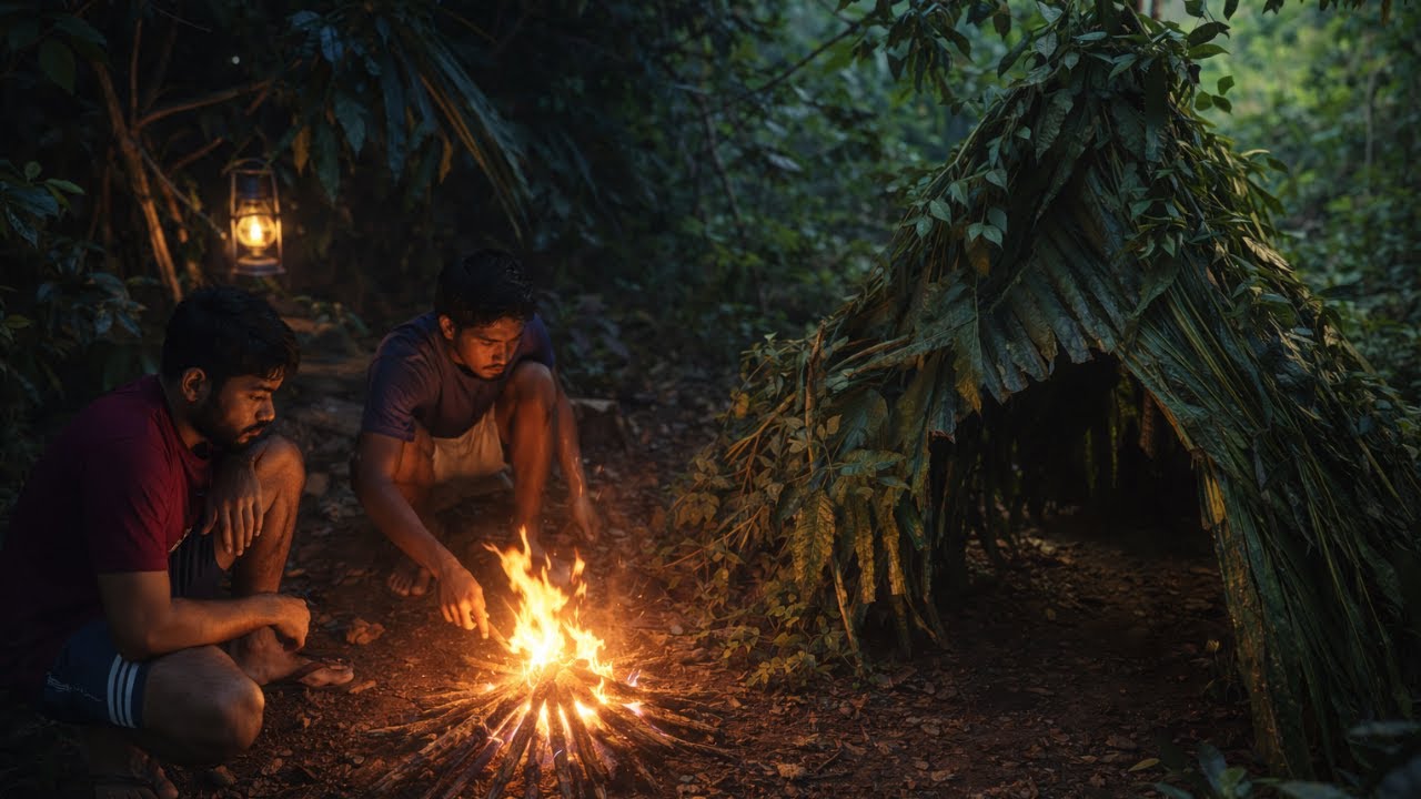 We Built a Jungle Shelter With Just Sticks! | අපි ලී සහ කොළ අතු වලින් කූඩාරමක් හැදුවා!