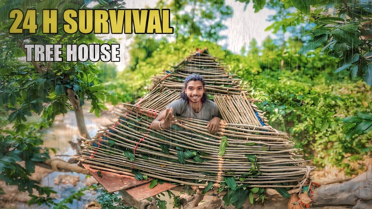 Tree 🌲 House 🏠  बनाकर 24 Hours Survival in Forest | Rainy Day 24 hours Challenge