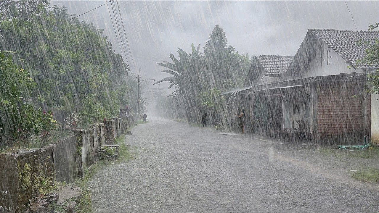 the biggest super crazy rainstorm in history in the village, strong winds and terrible lightning