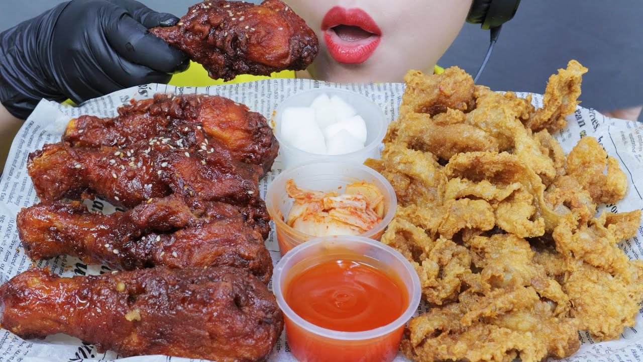 ASMR EATING SPICY CHICKEN X DEEP FRIED CHICKEN SKIN , EATING SOUNDS | LINH-ASMR