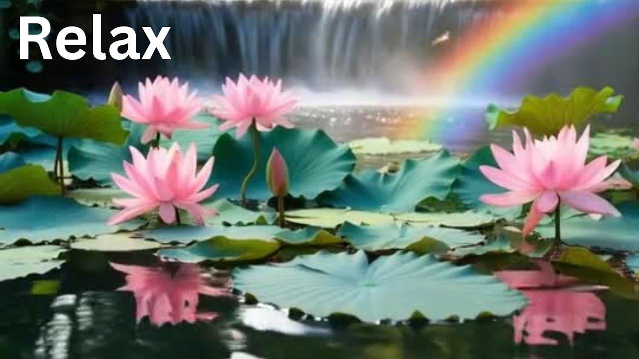 Relaxing Lotus Pond with rainbow & Calming Music – Deep Sleep, Meditation, Yoga & Stress Relief