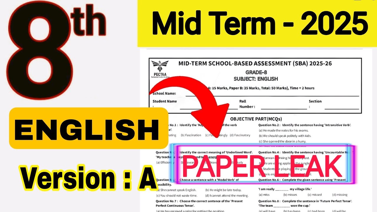 Class 8 english paper SBA mid term 2025 | version A | School based assessment Punjab | grammar 