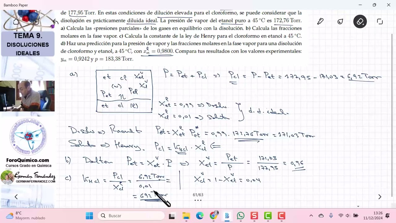 TEMA 9. TERMODINÁMICA | DISOLUCIONES IDEALES | EJERCICIO 9.8. LEYES DE RAOULT Y HENRY