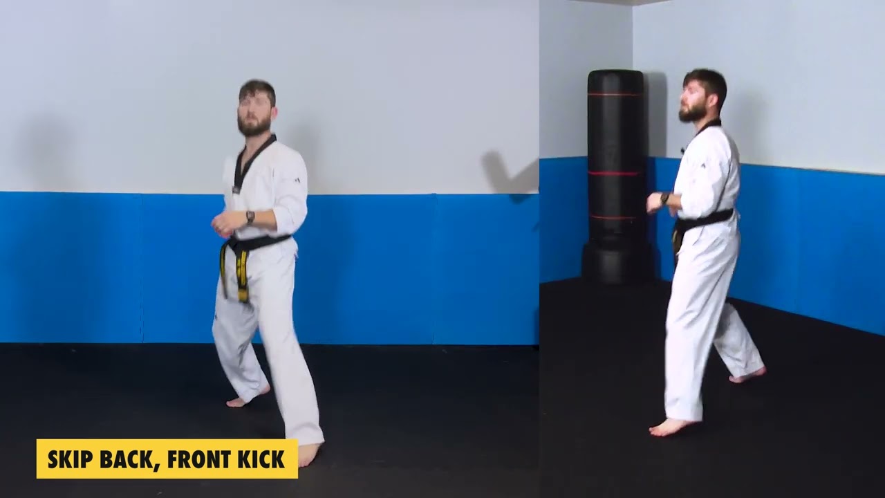 TKD Training Drill: Skip back, front kick