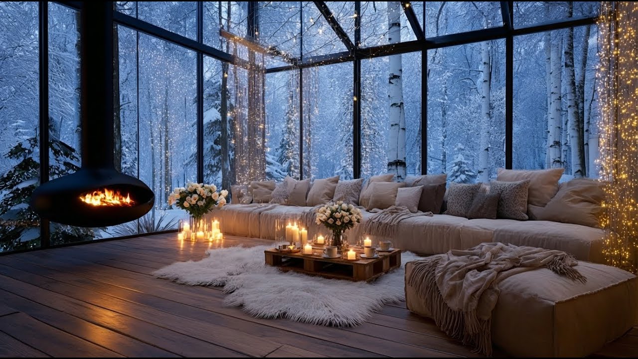 Relaxing Lounge Piano - Winter Fire & Snowfall  | Starting with dynamic melodies