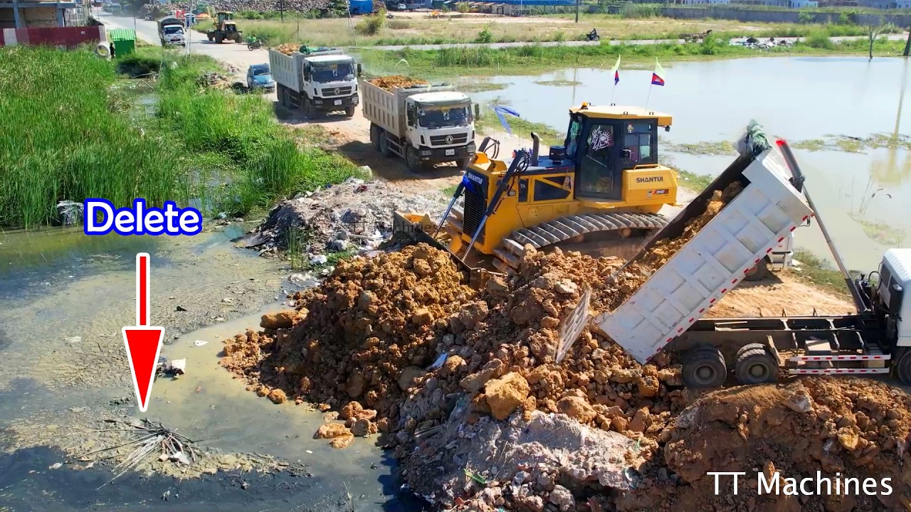 Getting Start Removal Clearing Trash & Push Stone Into Water Filling Huge Lake By Shatui Dozer