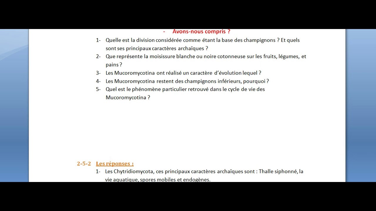 Questions concernant le cours des champignons inférieurs