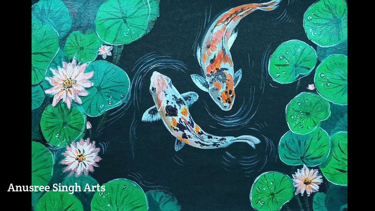 Painting Fishes in lily pond. How to paint koi fish with acrylic colours.