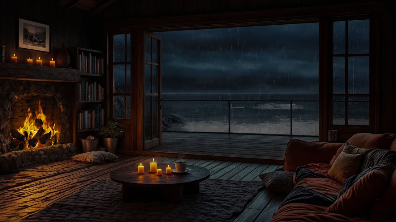 No Ads Crackling Fire & Ocean Rain | Best Rain in the Porch at Night | Sleep Deeply with Rain Sounds