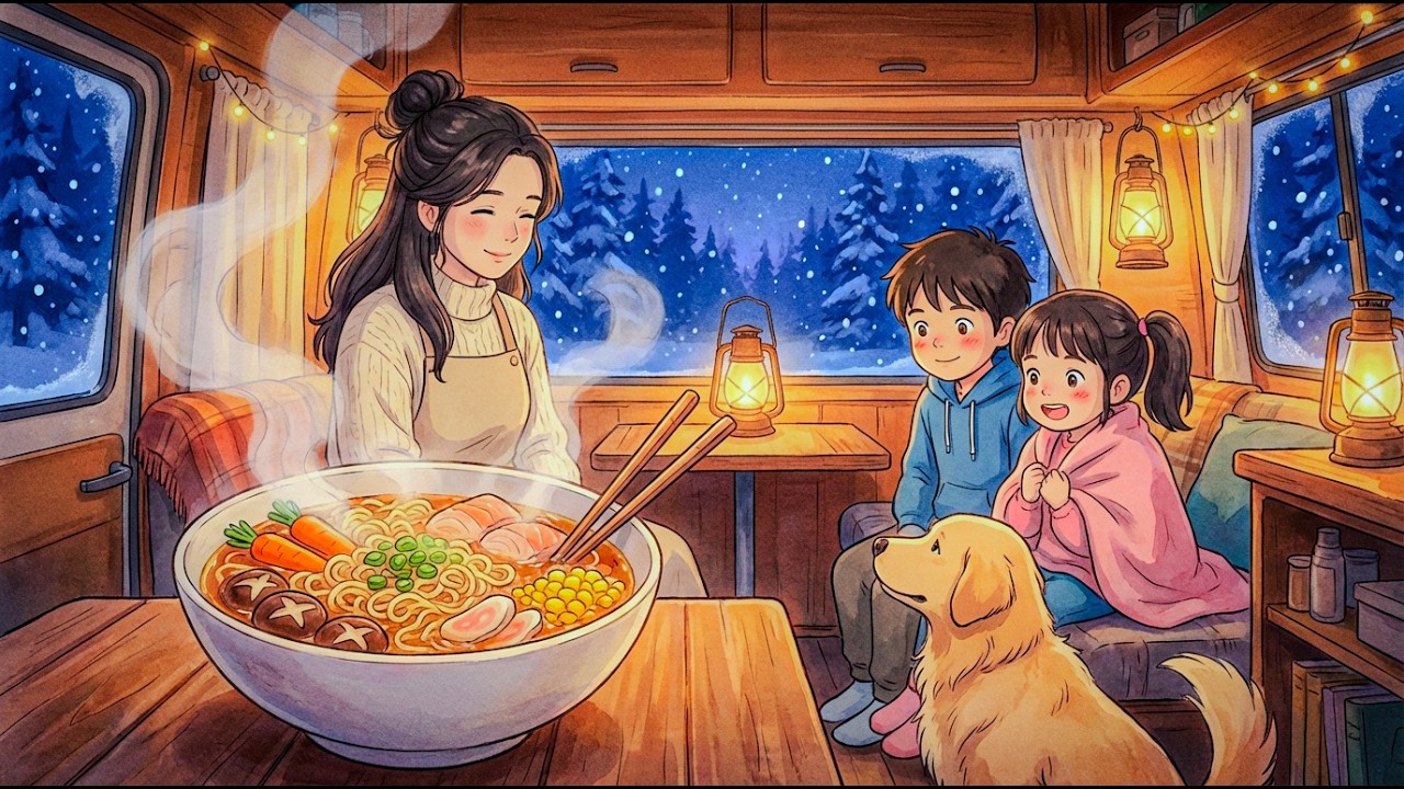 Snowed-In Van Life in a Winter Forest | Cozy Family Ramen Night (Ghibli-Style Anime ASMR)